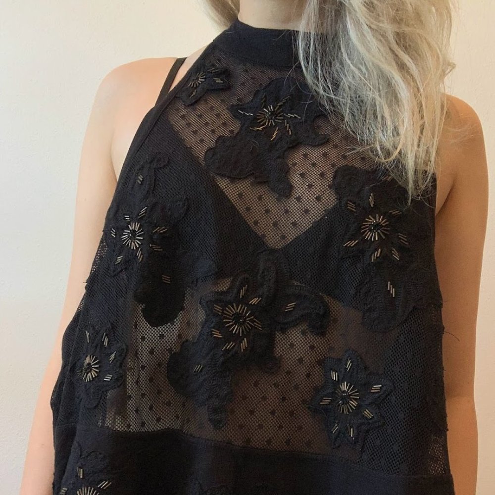 Free People Sheer Lace Halter Bead Top